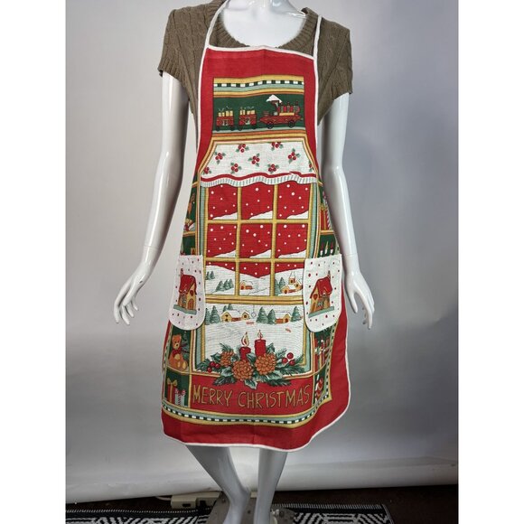 Vintage Christmas Apron With Festive Design & Merry Christmas Text - Picture 1 of 15